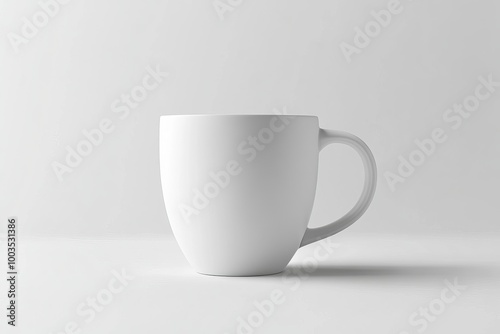 White ceramic mug with a handle, isolated on a white background.