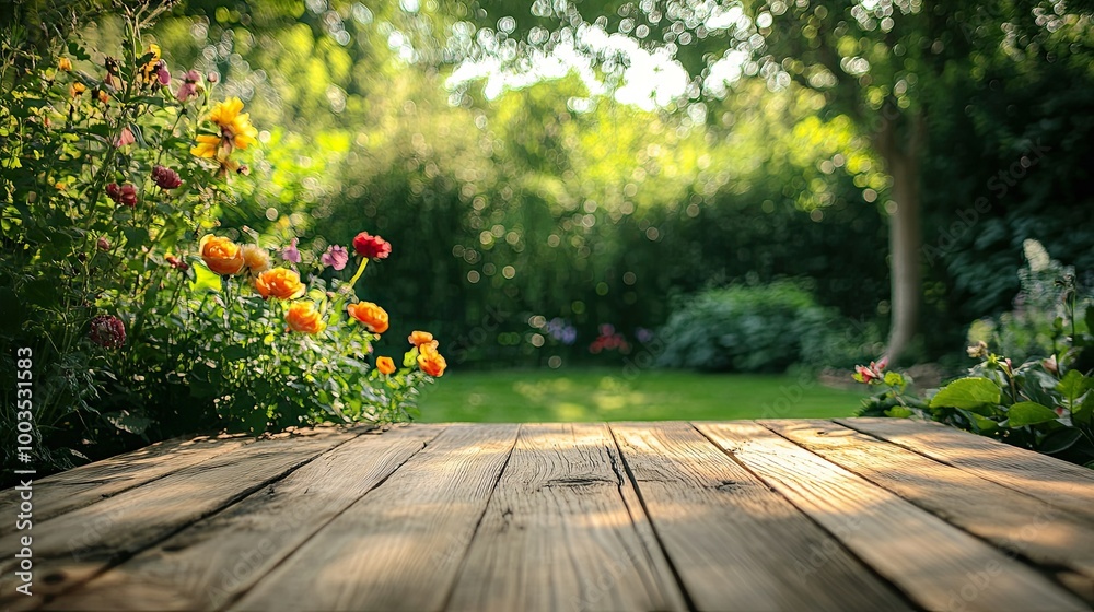 Wooden tabletop in a green, vibrant backyard garden, perfect for an outdoor event or casual summer gathering Wooden tabletop in a green, vibrant backyard garden, perfect for an outdoor event or casual summer gathering
