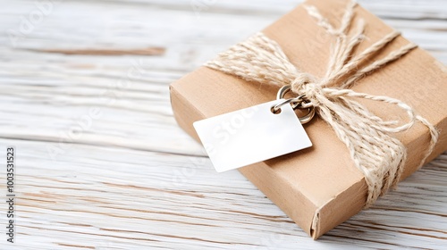 Brown Gift box with blank tag on white wooden background. Close up.