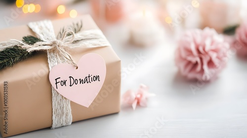 Christmas greeting card with gift boxes on white wooden background. Happy New Year. "For Donation"