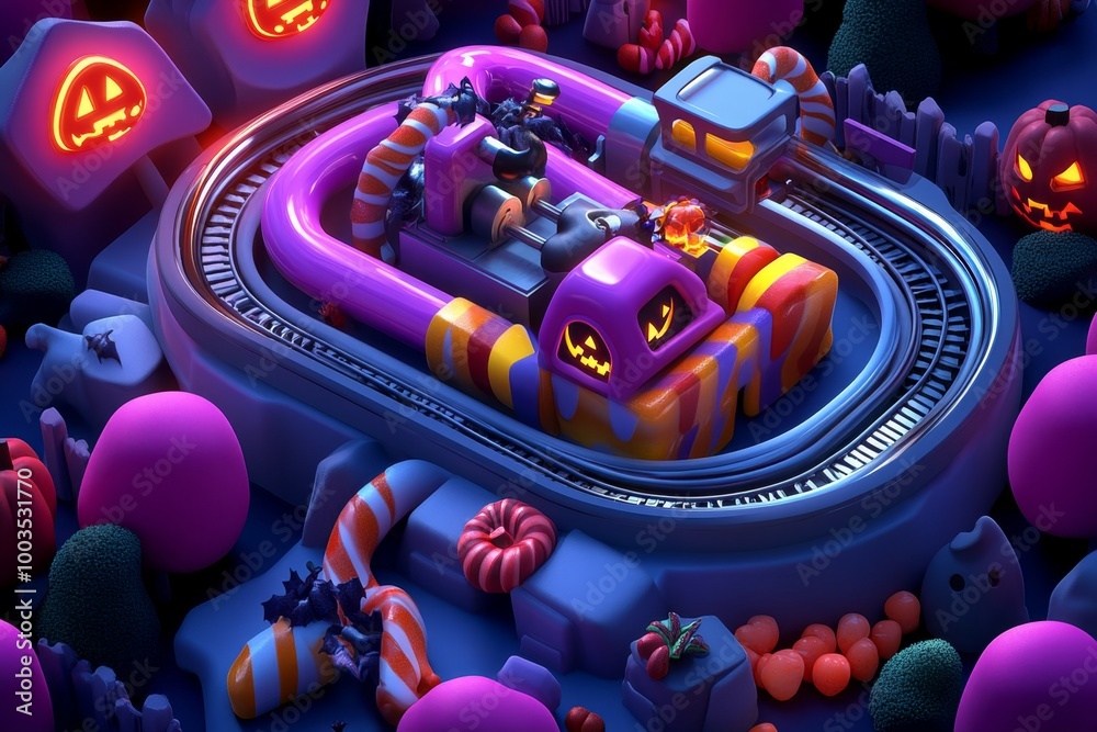 Interactive 3D digital candy factory producing Halloween-themed treats ...