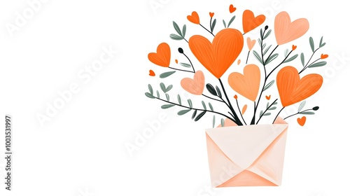 Valentine's Day greeting card with envelope and hearts on white background

