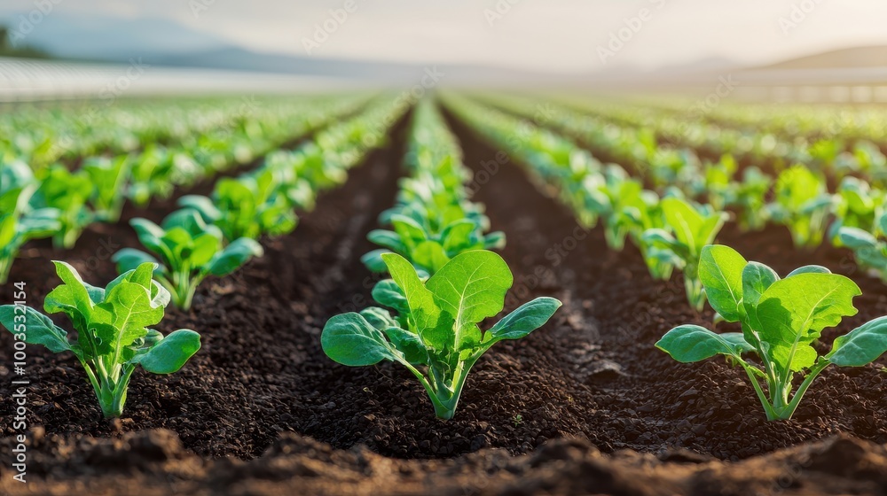 A vibrant field of growing vegetables under the sun, showcasing healthy green leaves and rich brown soil. A vibrant field of growing vegetables under the sun, showcasing healthy green leaves and rich brown soil.
