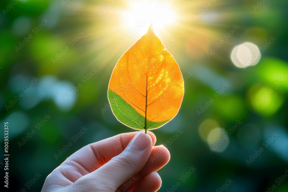 A hand holding an orange maple leaf against the backdrop of sunlight . AI generative. A hand holding an orange maple leaf against the backdrop of sunlight . AI generative.