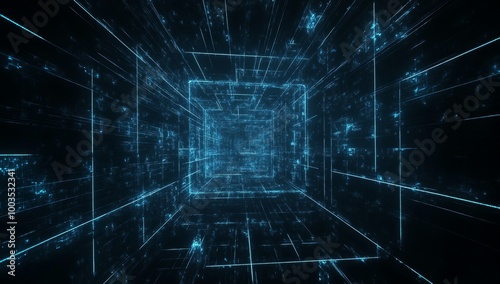Fototapeta Naklejka Na Ścianę i Meble -  Abstract glowing blue lines and squares forming a digital tunnel in a dark background.