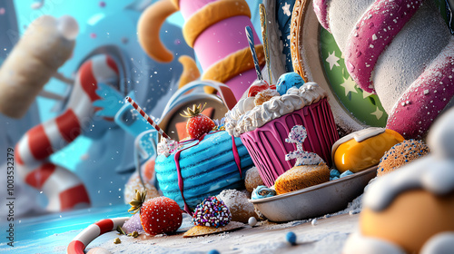 Colorful array of delightful desserts and candies on a whimsical backdrop. photo