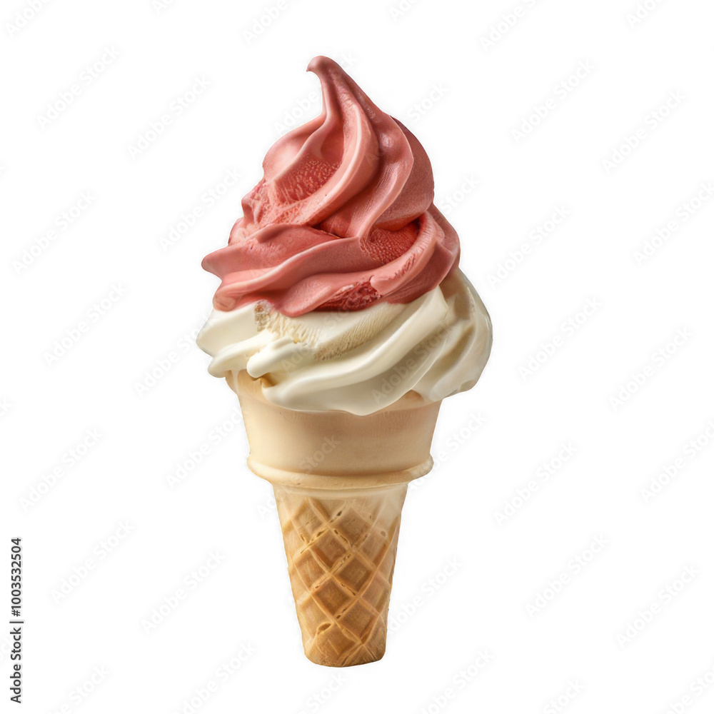 Delicious Strawberry and Vanilla Soft Serve Ice Cream Cone On Transparent Background