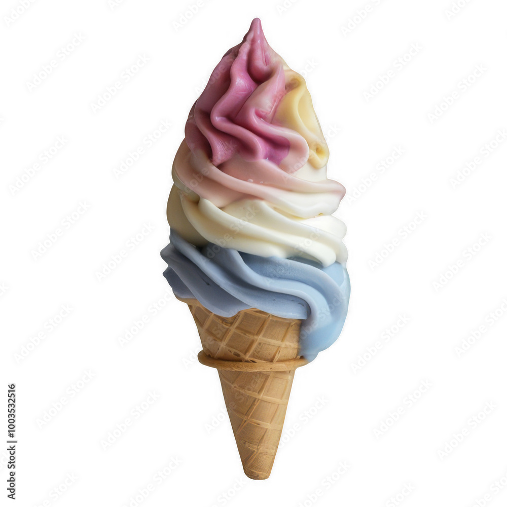 Delightful Frozen Dessert, Soft Serve Cone with Triple Flavor On Transparent Background Delightful Frozen Dessert, Soft Serve Cone with Triple Flavor On Transparent Background