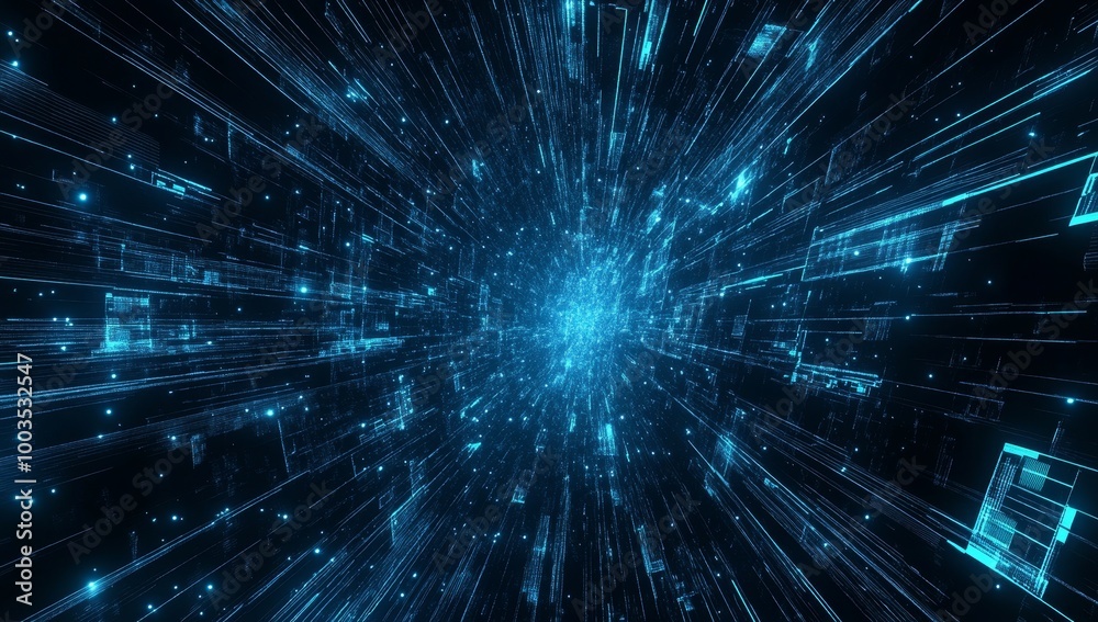 Abstract blue digital lines and particles moving upwards to a light source in the center on a black background. Abstract blue digital lines and particles moving upwards to a light source in the center on a black background.