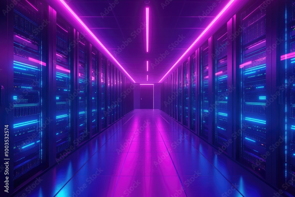Neon lights illuminate a server room. This image is perfect for technology, data, and internet-related content. Neon lights illuminate a server room. This image is perfect for technology, data, and internet-related content.