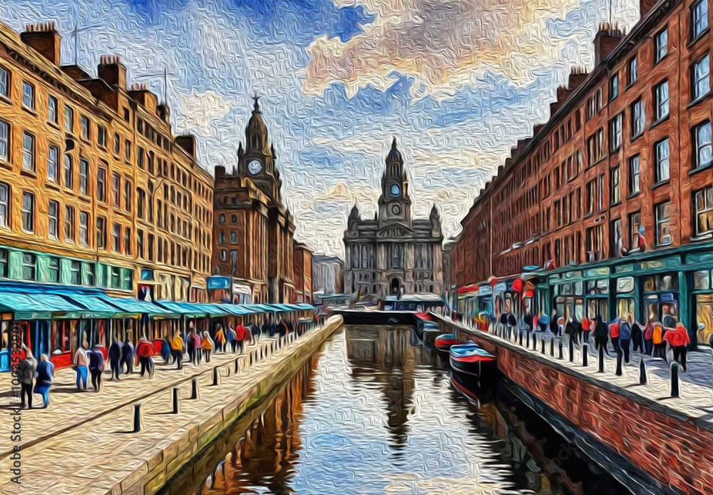 Fototapeta premium City Architecture. Oil painting. Printable pattern for wall decorations