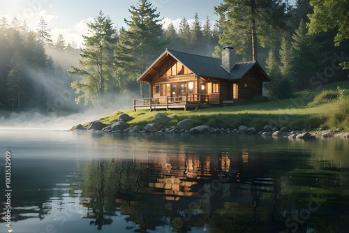 Serene Nature Escape:A peaceful, hyper-realistic scene of a cabin in the woods, surrounded by towering trees