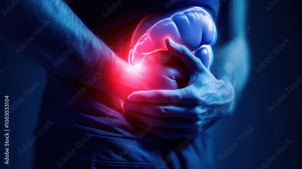 An illustration depicting a person experiencing abdominal pain, highlighting the internal organ. An illustration depicting a person experiencing abdominal pain, highlighting the internal organ.