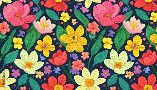 Seamless pattern with bright spring flowers