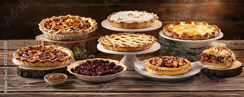 An assortment of delicious pies on wooden tables with varying fillings.