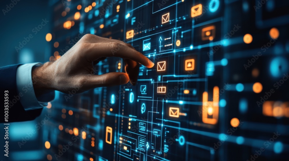 Close-up of a businessman hand managing a virtual event planner with glowing interface Close-up of a businessman hand managing a virtual event planner with glowing interface