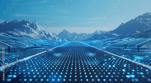 Blue technological lines form mountains and roads