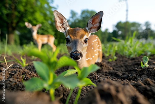 A reforested area thriving with wildlife, with new trees growing tall and animals like deer and birds returning to the area photo