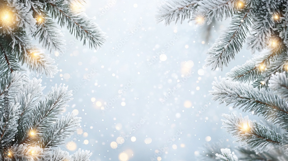 Festive white christmas background with frosty spruce branches and twinkling holiday lights Festive white christmas background with frosty spruce branches and twinkling holiday lights