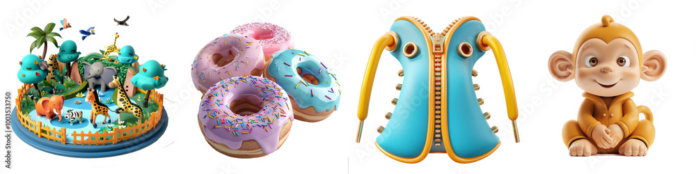 Fun cartoon characters and colorful donuts Fun cartoon characters and colorful donuts