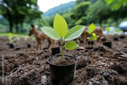 A reforested area thriving with wildlife, with new trees growing tall and animals like deer and birds returning to the area photo