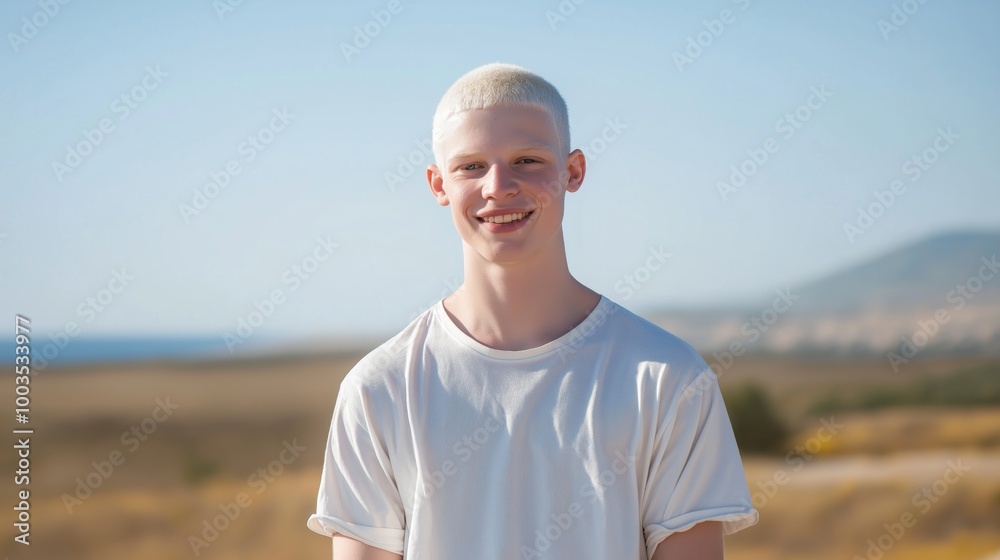 Young Israeli Albino Man in Early 20s Standing Outdoors with Scenic Background Young Israeli Albino Man in Early 20s Standing Outdoors with Scenic Background