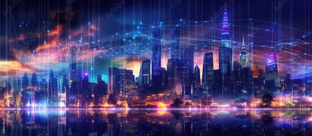 Cyberpunk Cityscape with Digital Network Cyberpunk Cityscape with Digital Network
