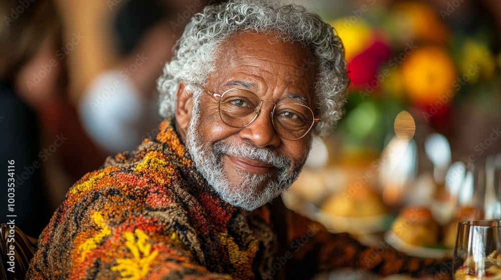 A smiling elderly man with curly hair enjoying a meal at a festive gathering.