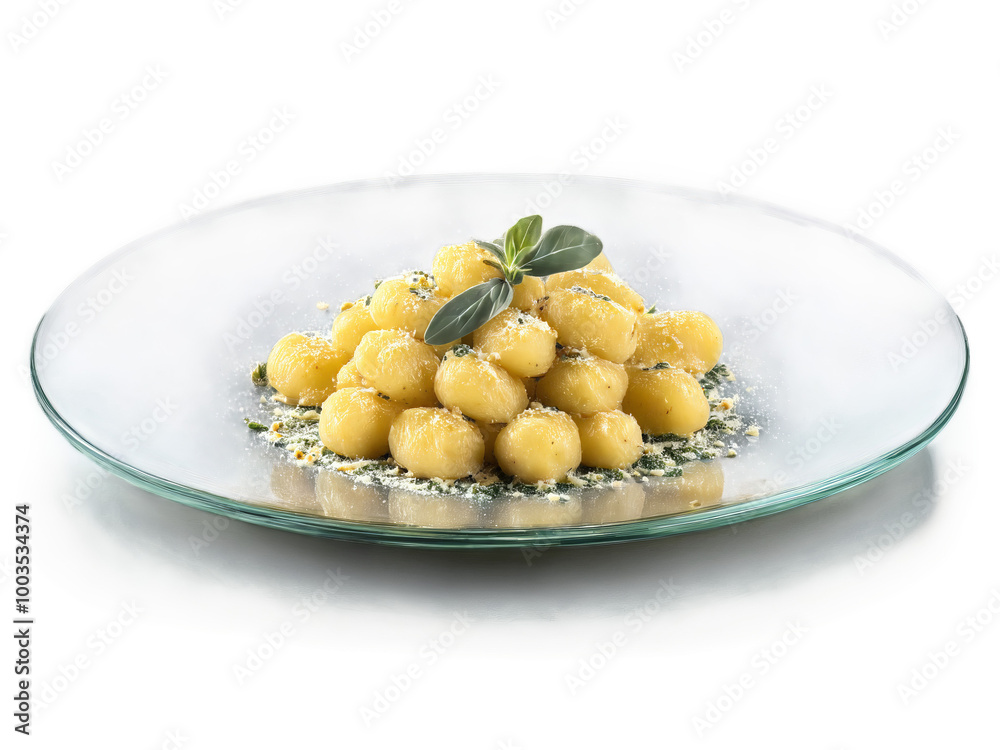 Potato Gnocchi with sage butter and grated nutmeg served on a transparent glass plate Italian Potato Gnocchi with sage butter and grated nutmeg served on a transparent glass plate Italian