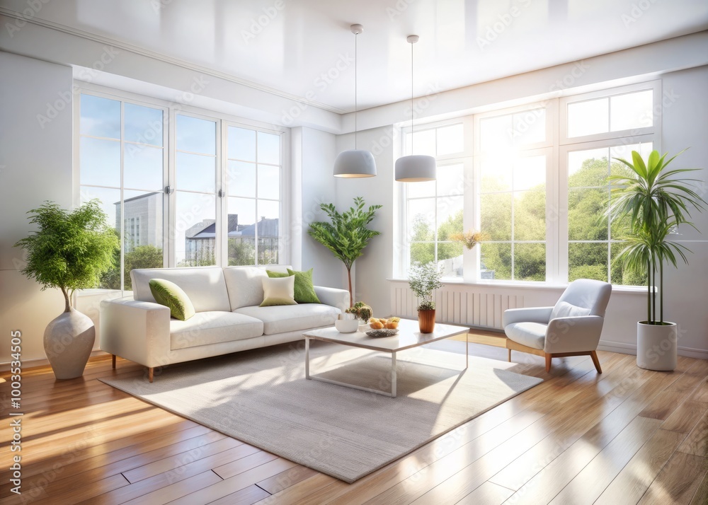 Fototapeta premium A spacious, bright minimalist white room filled with sunlight, featuring clean lines, ideal for contemporary living