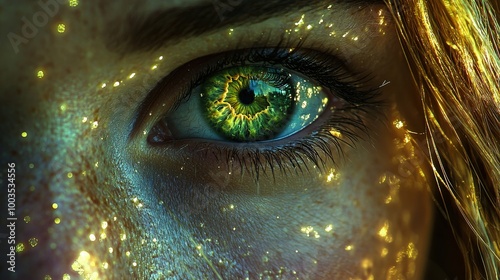 Captivating green eye reflecting shimmering golden sparkles in a mystical, ethereal close-up exploration of beauty and wonder