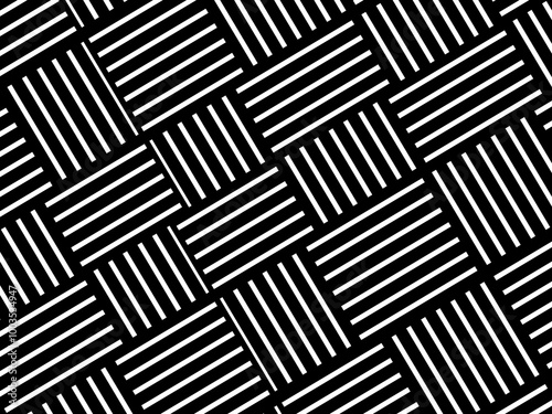 Seamless vector abstract geometric pattern. Woven textile fabric with black and white crossed straight lines. Background texture in a diagonal arrangement. Black and White Hypnotic Background.