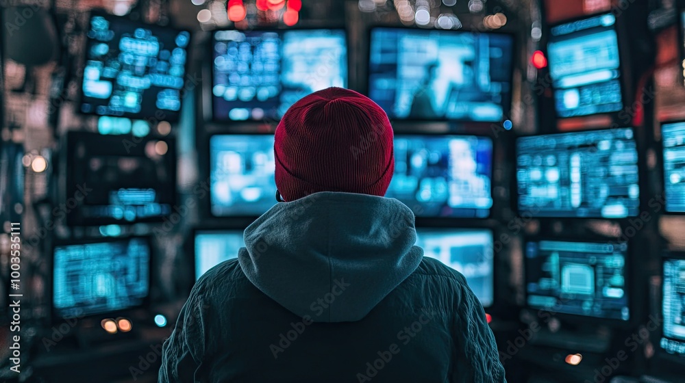 A hooded figure stands before a wall of monitors. This image represents a hacker or cybersecurity professional working on a complex task. A hooded figure stands before a wall of monitors. This image represents a hacker or cybersecurity professional working on a complex task.