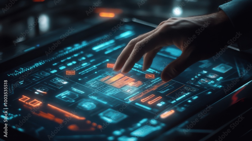 Close-up shot of a businessman hand managing a futuristic event planner with glowing icons for Close-up shot of a businessman hand managing a futuristic event planner with glowing icons for