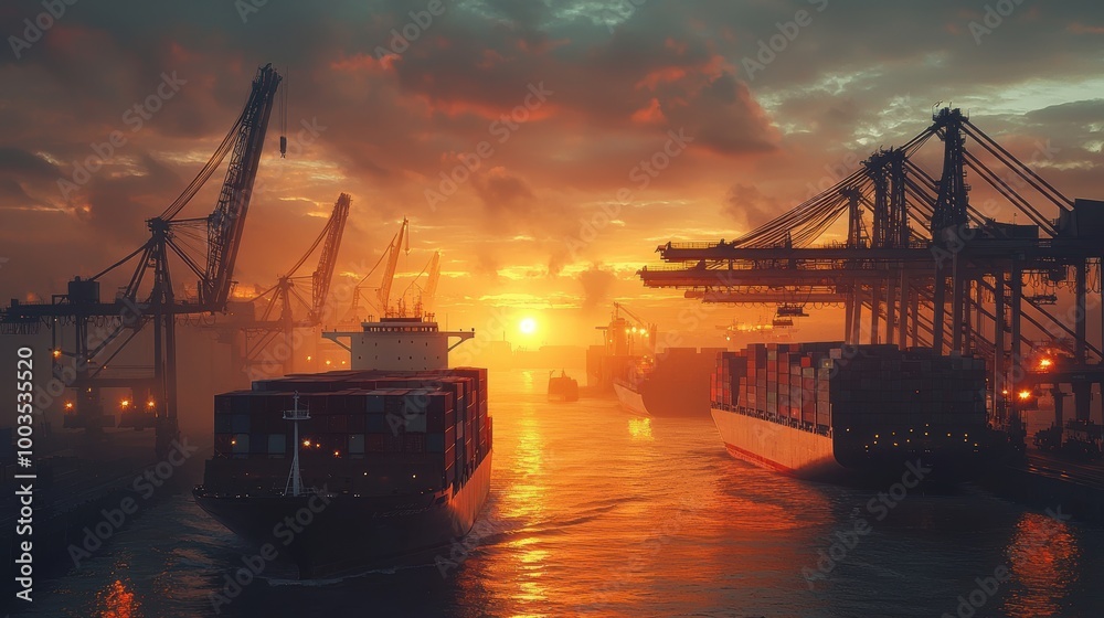 Cargo ships docked at port during a vibrant sunset. Cargo ships docked at port during a vibrant sunset.