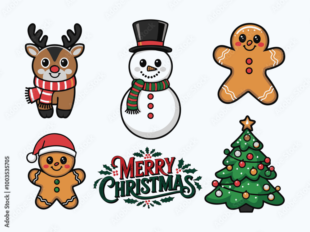 Christmas stickers including a jolly reindeer in a cozy scarf snowman with a top hat a gingerbread man with a smile and a Christmas tree Christmas stickers including a jolly reindeer in a cozy scarf snowman with a top hat a gingerbread man with a smile and a Christmas tree