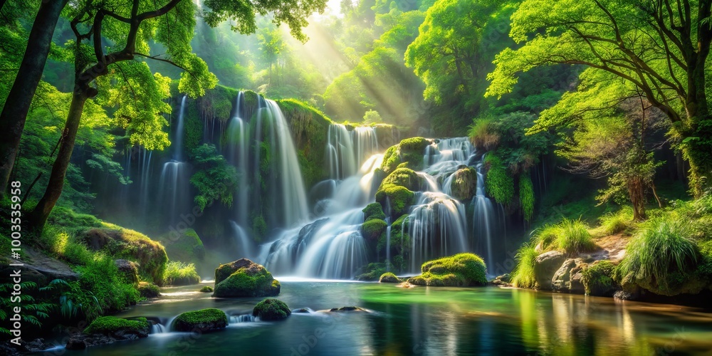 A tranquil forest with vibrant green trees surrounds a sparkling waterfall, sunlight filtering through the leaves, A tranquil forest with vibrant green trees surrounds a sparkling waterfall, sunlight filtering through the leaves,