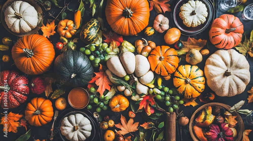 Thanksgiving dinner table setup with warm autumn colors, featuring pumpkins, fall leaves, and a cozy atmosphere. This inviting scene embodies the essence of the season