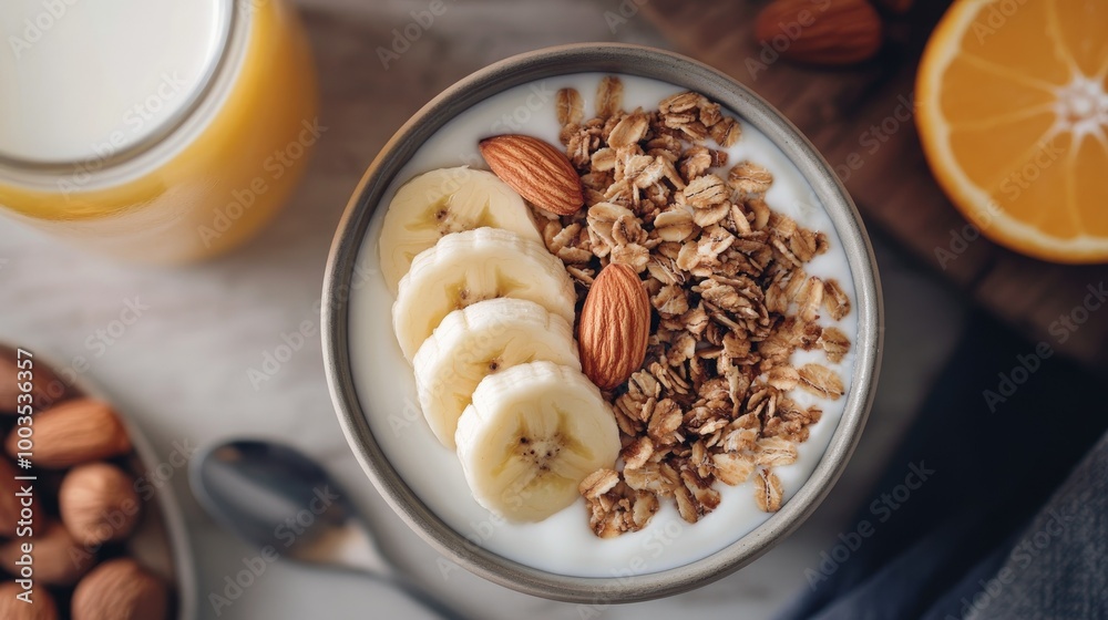 A fresh breakfast scene with a yogurt bowl topped with granola, bananas, and almonds, next to milk and orange juice, shot from a top-down perspective. A fresh breakfast scene with a yogurt bowl topped with granola, bananas, and almonds, next to milk and orange juice, shot from a top-down perspective.