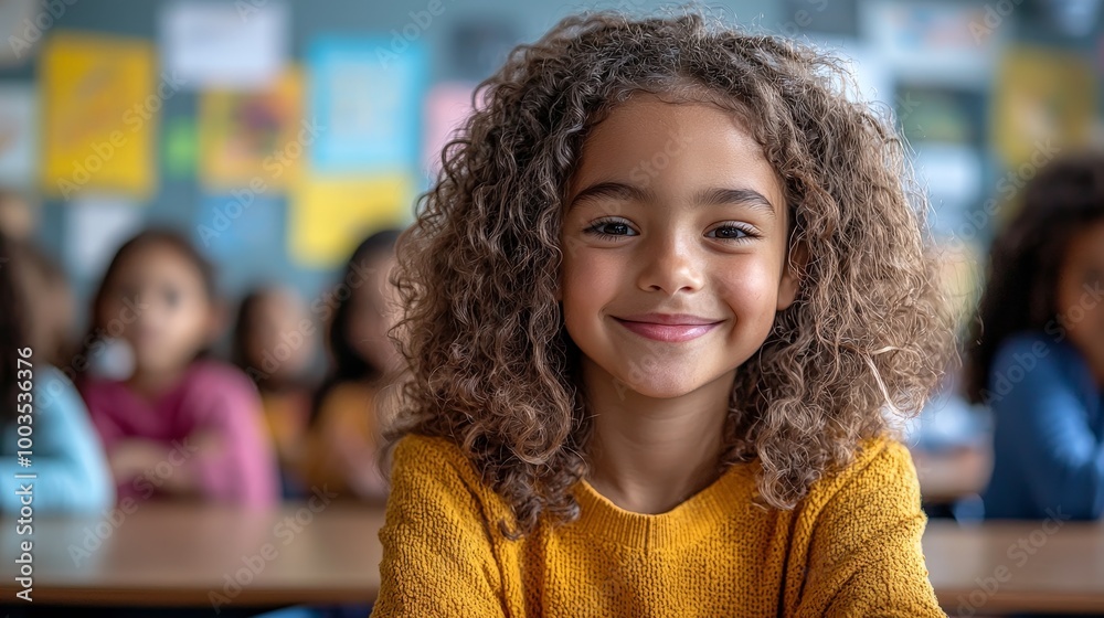 A smiling girl in a classroom, surrounded by classmates, exuding joy and confidence.