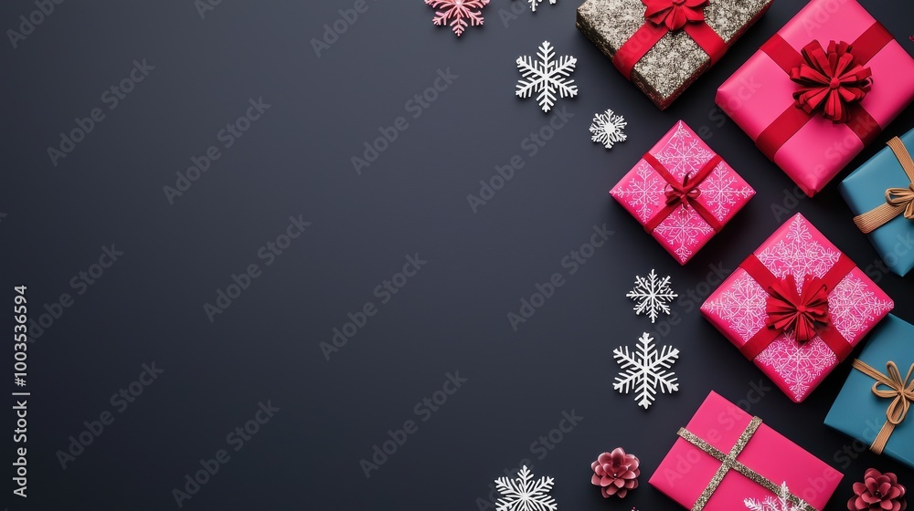 Colorful wrapped gifts on a dark background, festive season vibe. Colorful wrapped gifts on a dark background, festive season vibe.