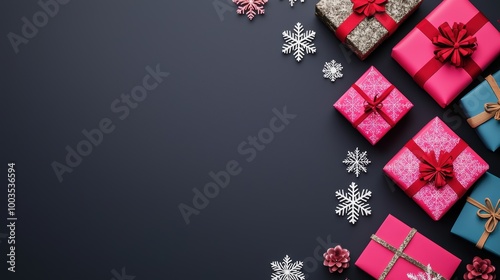 Colorful wrapped gifts on a dark background, festive season vibe.