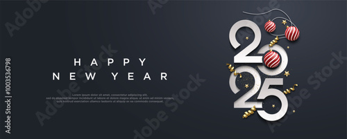 The elegant New Year 2025 card design features black and white with red balloons, confetti and streamers. Ideal for holiday greetings, invitations and Christmas celebrations.