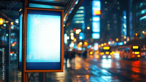 Blurred Urban Night Scene with Illuminated Display, Busy City Street Reflections, Colorful Lights and Silhouettes, Rainy Evening Cityscape, Modern Metropolitan Atmosphere