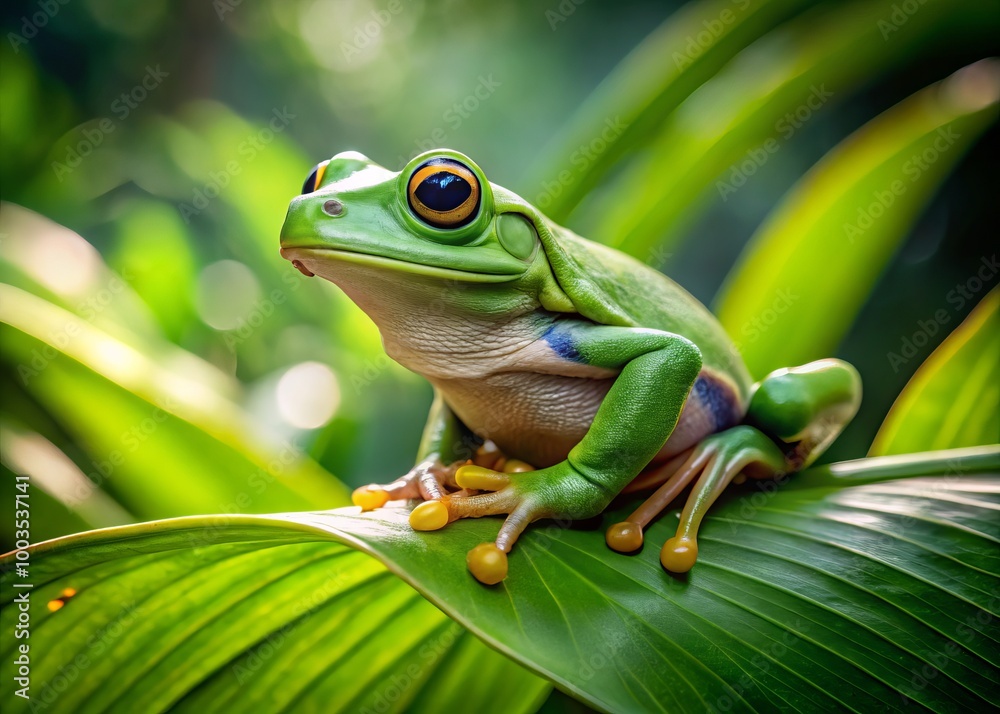 A vibrant green tree frog rests on a leaf, nestled among lush foliage, creating a tranquil scene in A vibrant green tree frog rests on a leaf, nestled among lush foliage, creating a tranquil scene in