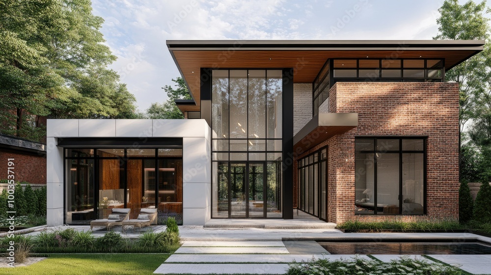 A modern brick cladding wall adorned with white stucco accents, providing a mix of rustic and contemporary style. A modern brick cladding wall adorned with white stucco accents, providing a mix of rustic and contemporary style.