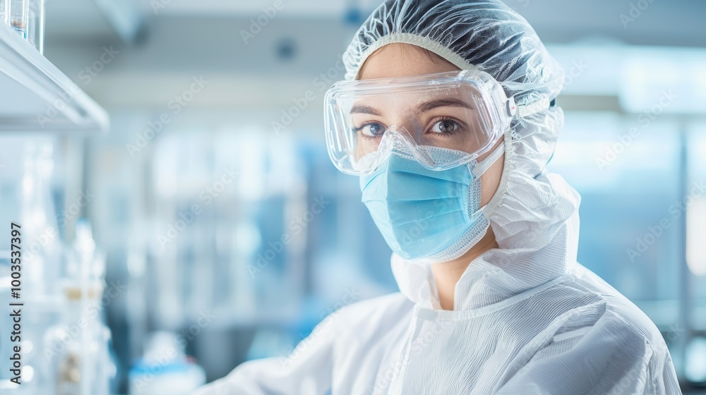Female scientist in lab coat and protective gear, indoor setting Female scientist in lab coat and protective gear, indoor setting