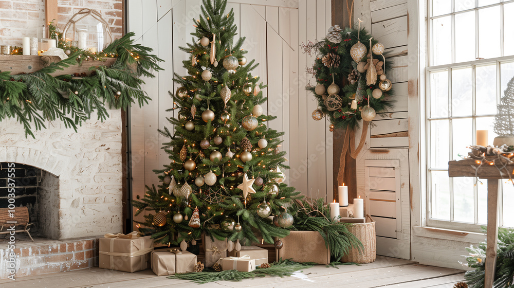 Naklejka premium Rustic Christmas living room with decorated tree, wreaths, and candles in a cozy cabin