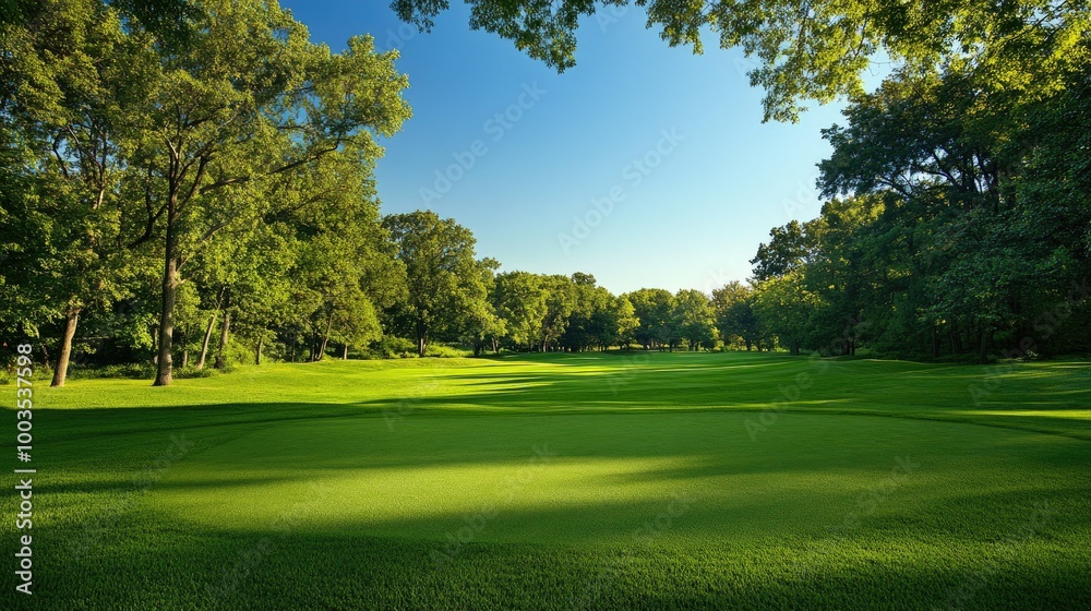 A picturesque golf course fairway with vibrant green grass, surrounded by trees under a clear blue sky. Perfect landscape for a peaceful round of golf. A picturesque golf course fairway with vibrant green grass, surrounded by trees under a clear blue sky. Perfect landscape for a peaceful round of golf.