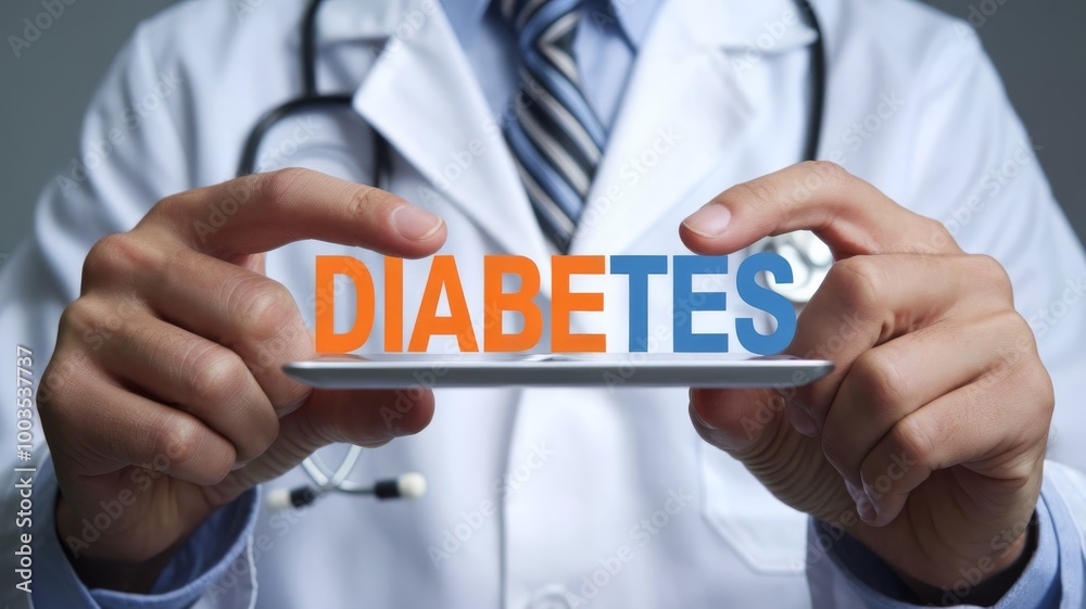 Doctor’s hands holding a tablet with diabetes message, front position, cropped without head Doctor’s hands holding a tablet with diabetes message, front position, cropped without head